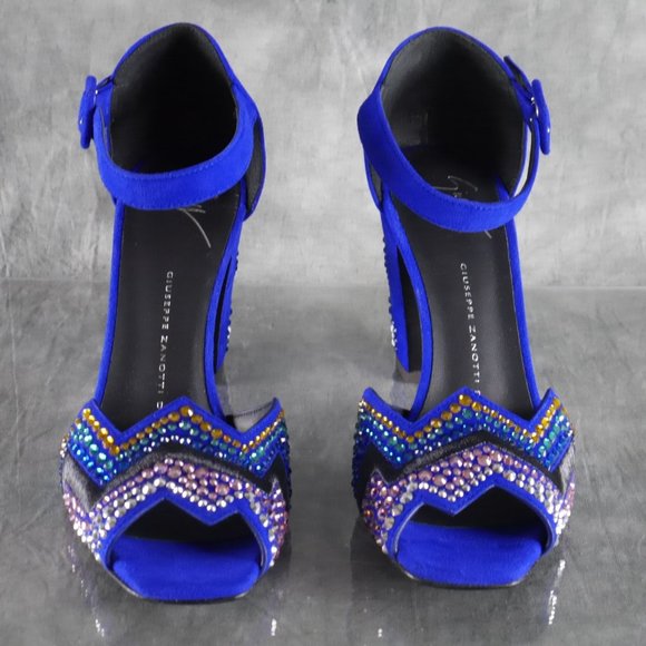 Giuseppe Zanotti LAVINIA Blue Suede Crystal Peep Toe Heels Size 7* US 37 EU S1E1 - Picture 6 of 12